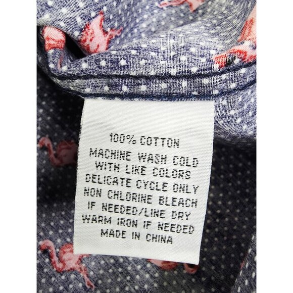 Molokai Medium Men Navy White Polka Dots Flamingo Short Sleeve Button Down Shirt - Picture 6 of 11